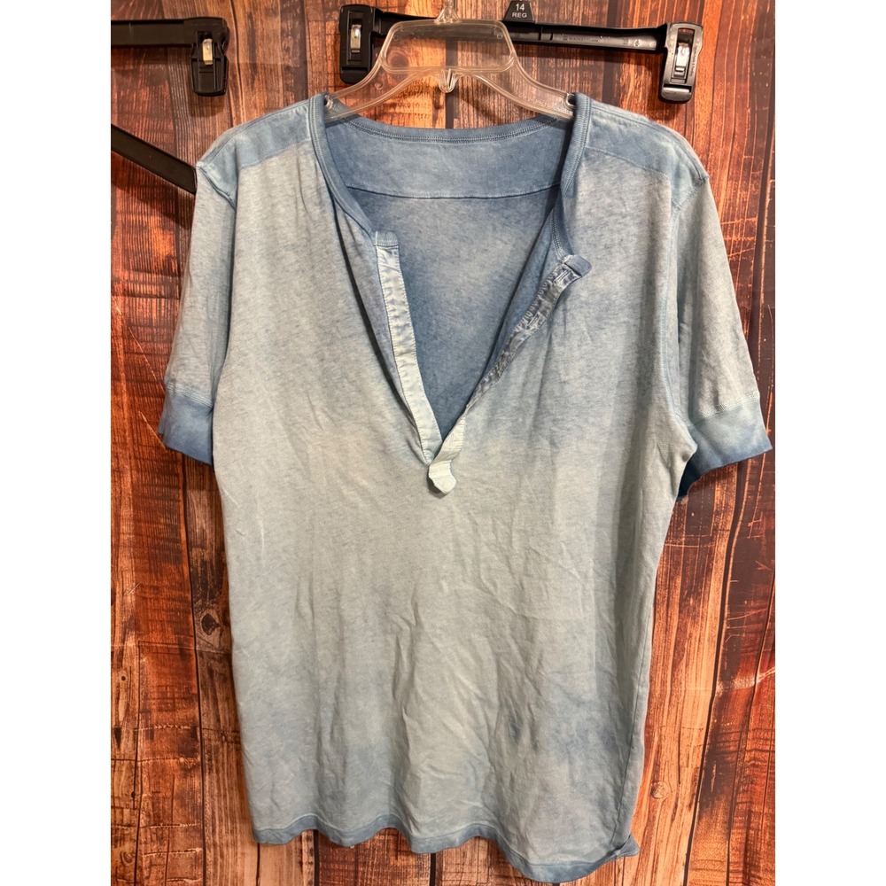 Light Blue Acid Wash Henley T-Shirt Short Sleeve V-Neck Top